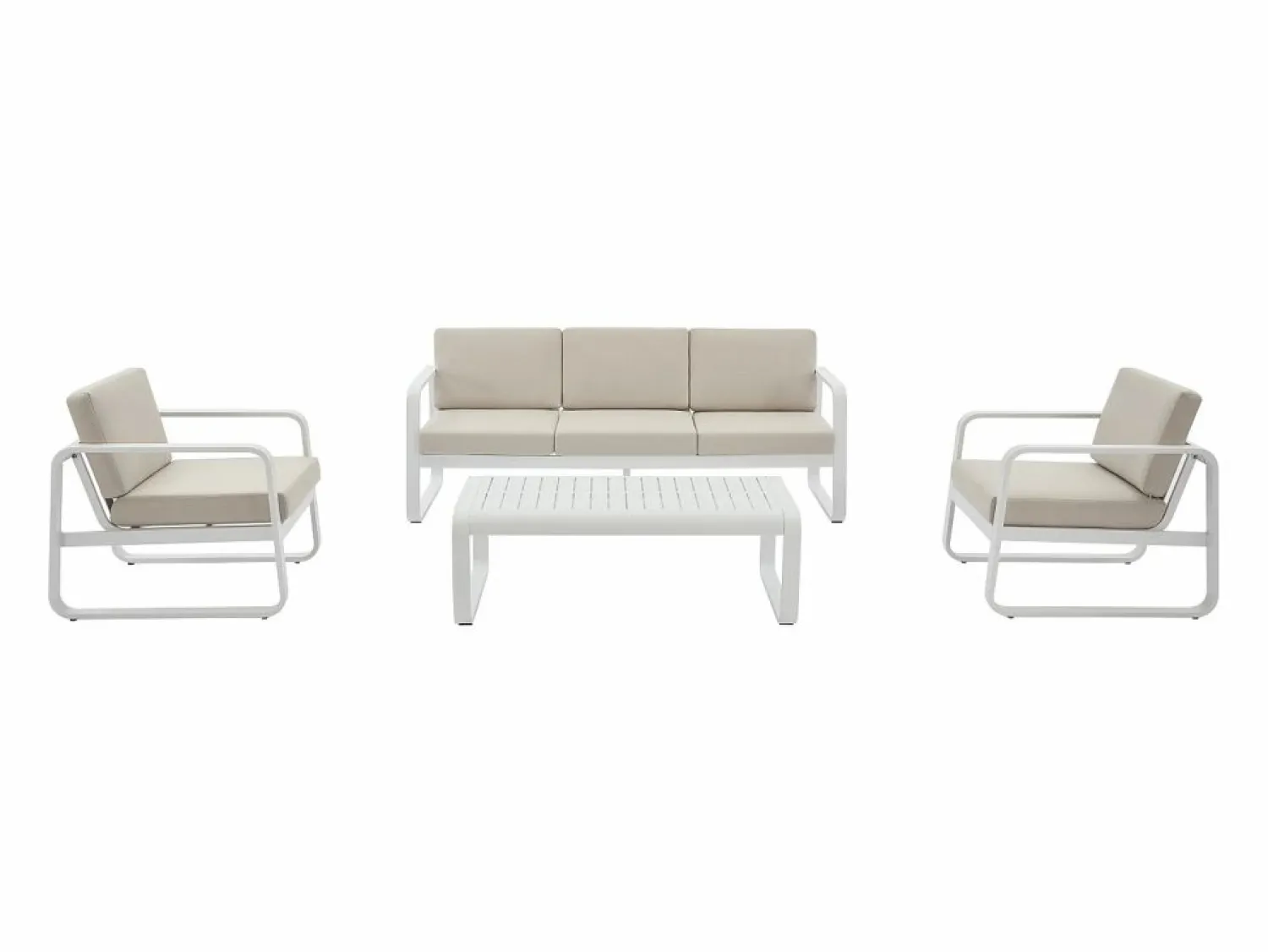 Sale MYLIA Conjunto de jardín de aluminio: 1 sofá de 3 plazas, 2 sillones y 1 mesa de centro - con cojines beige - LOMIA de Blanco