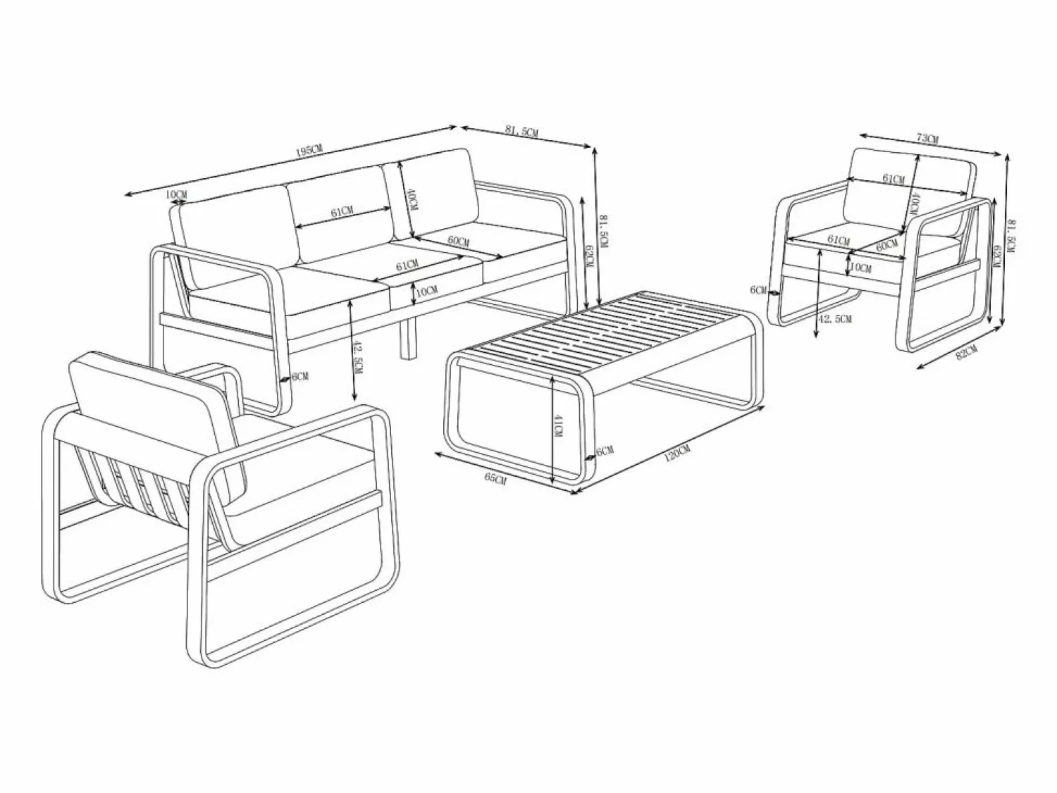 Sale MYLIA Conjunto de jardín de aluminio: 1 sofá de 3 plazas, 2 sillones y 1 mesa de centro - con cojines beige - LOMIA de Blanco