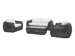 MYLIA Conjunto de jardín de ratán sintético: un sofá de jardín de 2 plazas, 2 sillones y 1 mesa de centro - Antracita con cojines blancos - VEYRO de