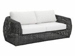 MYLIA Conjunto de jardín de ratán sintético: un sofá de jardín de 2 plazas, 2 sillones y 1 mesa de centro - Antracita con cojines blancos - VEYRO de