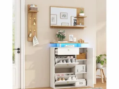 New Hauss Spole Conjunto de muebles de entrada de 3 piezas - Espejo, estante y zapatero - y madera Blanco