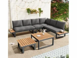 Conjunto de muebles de jardín - 252 x 195 x 76 cm - con sofá reclinable + 2 mesas de centro - Poliéster + metal - negro + Salones De Jardín