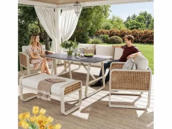 Online Merax Conjunto de muebles de jardín para 6 a 7 personas - con 1 mesa + 1 sofá con cojines + 2 sillones + 1 banco - metal - Beige