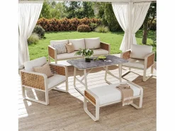 Online Merax Conjunto de muebles de jardín para 6 a 7 personas - con 1 mesa + 1 sofá con cojines + 2 sillones + 1 banco - metal - Beige