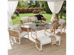 Online Merax Conjunto de muebles de jardín para 6 a 7 personas - con 1 mesa + 1 sofá con cojines + 2 sillones + 1 banco - metal - Beige