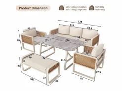 Online Merax Conjunto de muebles de jardín para 6 a 7 personas - con 1 mesa + 1 sofá con cojines + 2 sillones + 1 banco - metal - Beige