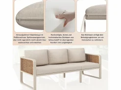 Online Merax Conjunto de muebles de jardín para 6 a 7 personas - con 1 mesa + 1 sofá con cojines + 2 sillones + 1 banco - metal - Beige