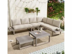 Merax Conjunto de muebles de jardín - 252 x 195 x 76 cm - con sofá reclinable + 2 mesas de centro - Poliéster + metal -