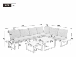Merax Conjunto de muebles de jardín - 252 x 195 x 76 cm - con sofá reclinable + 2 mesas de centro - Poliéster + metal -