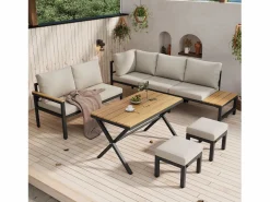 Merax Conjunto de muebles de jardín modulares de 4 piezas en acero galvanizado: sofá esquinero, 2 taburetes y mesa de centro en beige