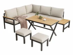 Merax Conjunto de muebles de jardín modulares de 4 piezas en acero galvanizado: sofá esquinero, 2 taburetes y mesa de centro en beige