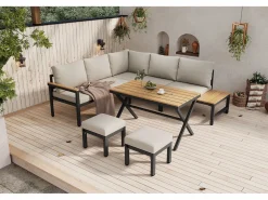 Merax Conjunto de muebles de jardín modulares de 4 piezas en acero galvanizado: sofá esquinero, 2 taburetes y mesa de centro en beige