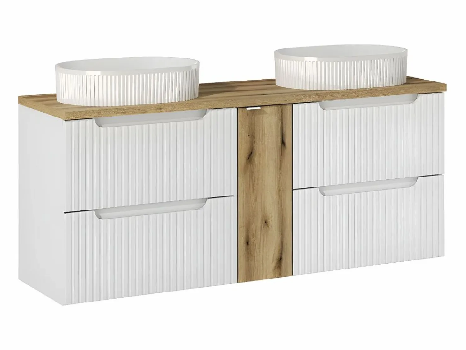 Hot Petits-Meubles Conjunto de muebles doble lavabo 140cm 4 cajones y columna Riva Blanco y Madera Color natural claro