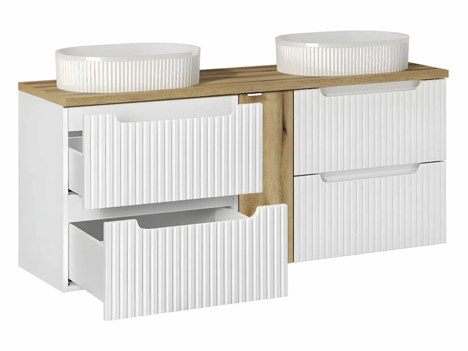 Hot Petits-Meubles Conjunto de muebles doble lavabo 140cm 4 cajones y columna Riva Blanco y Madera Color natural claro
