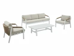 Sale Conjunto de salón de jardín en aluminio y cuerda: sofá de 3 plazas, 2 sillones y una mesa de centro - Blanco con cojines beige - LUREYA de Salones De Jardín