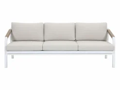 Sale Conjunto de salón de jardín en aluminio y cuerda: sofá de 3 plazas, 2 sillones y una mesa de centro - Blanco con cojines beige - LUREYA de Salones De Jardín