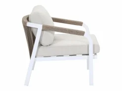 Sale Conjunto de salón de jardín en aluminio y cuerda: sofá de 3 plazas, 2 sillones y una mesa de centro - Blanco con cojines beige - LUREYA de Salones De Jardín
