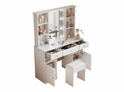 Online Merax Conjunto de tocador - 110 x 40 x 151 cm - Tocador con luces LED + espejo + taburete + 3 cajones + 2 puertas - Aglomerado - Blanco