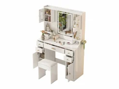 Best Merax Conjunto de tocador - 105 x 40 x 152 cm - Tocador con LED Lámparas + Espejo + Taburete + 6 Cajones + 4 Puertas - MDF - Blanco