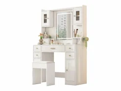 Best Merax Conjunto de tocador - 105 x 40 x 152 cm - Tocador con LED Lámparas + Espejo + Taburete + 6 Cajones + 4 Puertas - MDF - Blanco