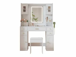 Best Merax Conjunto de tocador - 105 x 40 x 152 cm - Tocador con LED Lámparas + Espejo + Taburete + 6 Cajones + 4 Puertas - MDF - Blanco