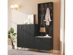 New Conjunto de vestidor con banco zapatero y cojín, panel perchero con ganchos, mueble zapatero con cajones y puertas (60,5x180,5x35,2 cm) Perchero