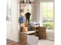 New Conjunto de vestidor con espejo, banco y zapatero, diseño escandinavo, MDF y tablero de partículas, (105x40x190,5 cm) Perchero