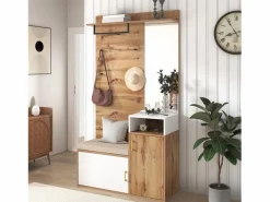 New Conjunto de vestidor con espejo, banco y zapatero, diseño escandinavo, MDF y tablero de partículas, (105x40x190,5 cm) Perchero
