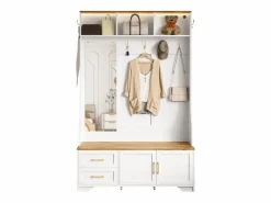 ModernLuxe Conjunto de vestidor de entrada 120x40x187 cm - Espejo y ganchos - con LED - Mueble para zapatos - + Natural