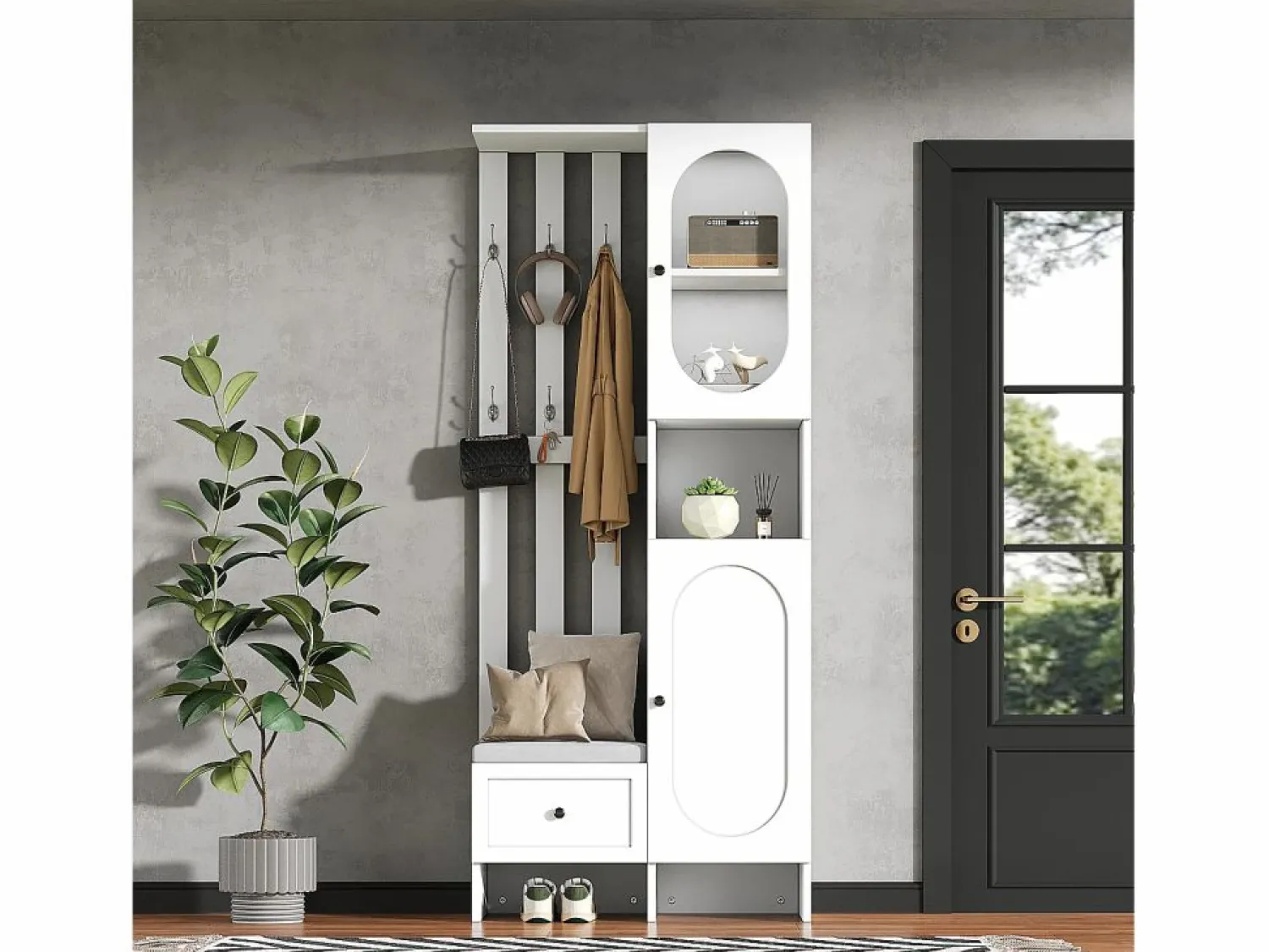 New ModernLuxe Conjunto de vestidor de entrada 85×33,5×200 cm - 2 puertas y 1 cajón - con banco para zapatos y cojín - 6 ganchos - Blanco