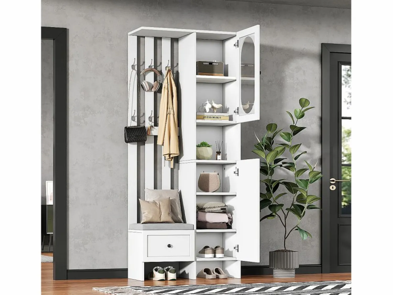 New ModernLuxe Conjunto de vestidor de entrada 85×33,5×200 cm - 2 puertas y 1 cajón - con banco para zapatos y cojín - 6 ganchos - Blanco