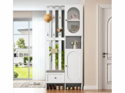 New ModernLuxe Conjunto de vestidor de entrada 85×33,5×200 cm - 2 puertas y 1 cajón - con banco para zapatos y cojín - 6 ganchos - Blanco