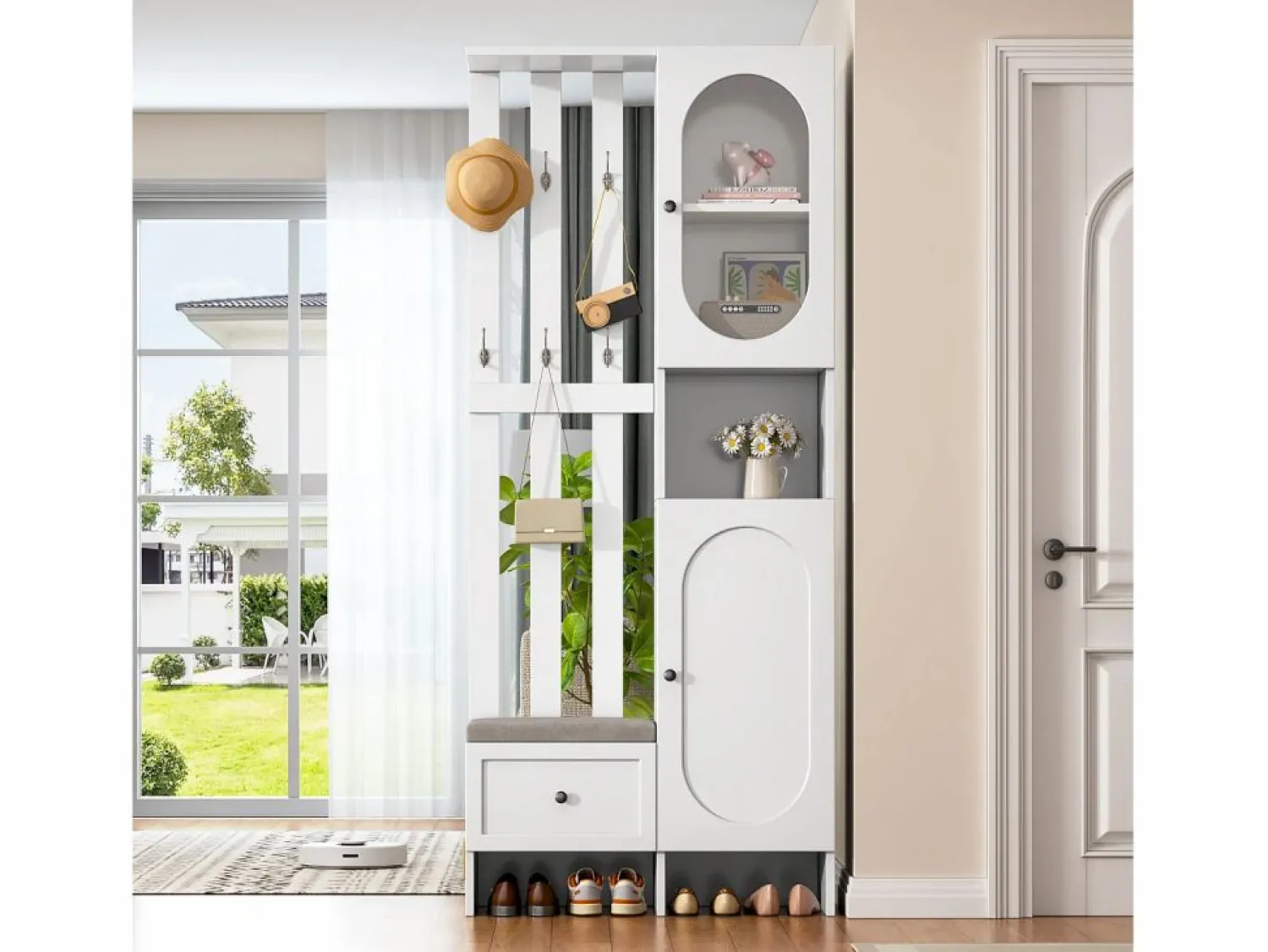 New ModernLuxe Conjunto de vestidor de entrada 85×33,5×200 cm - 2 puertas y 1 cajón - con banco para zapatos y cojín - 6 ganchos - Blanco