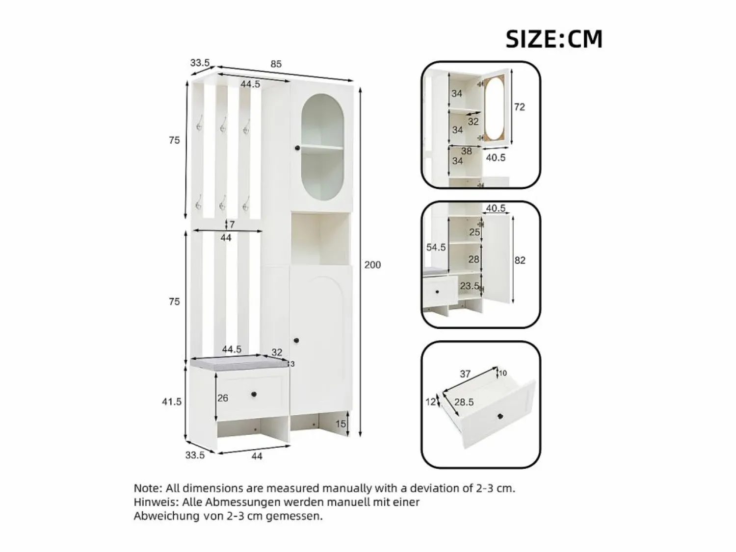 New ModernLuxe Conjunto de vestidor de entrada 85×33,5×200 cm - 2 puertas y 1 cajón - con banco para zapatos y cojín - 6 ganchos - Blanco