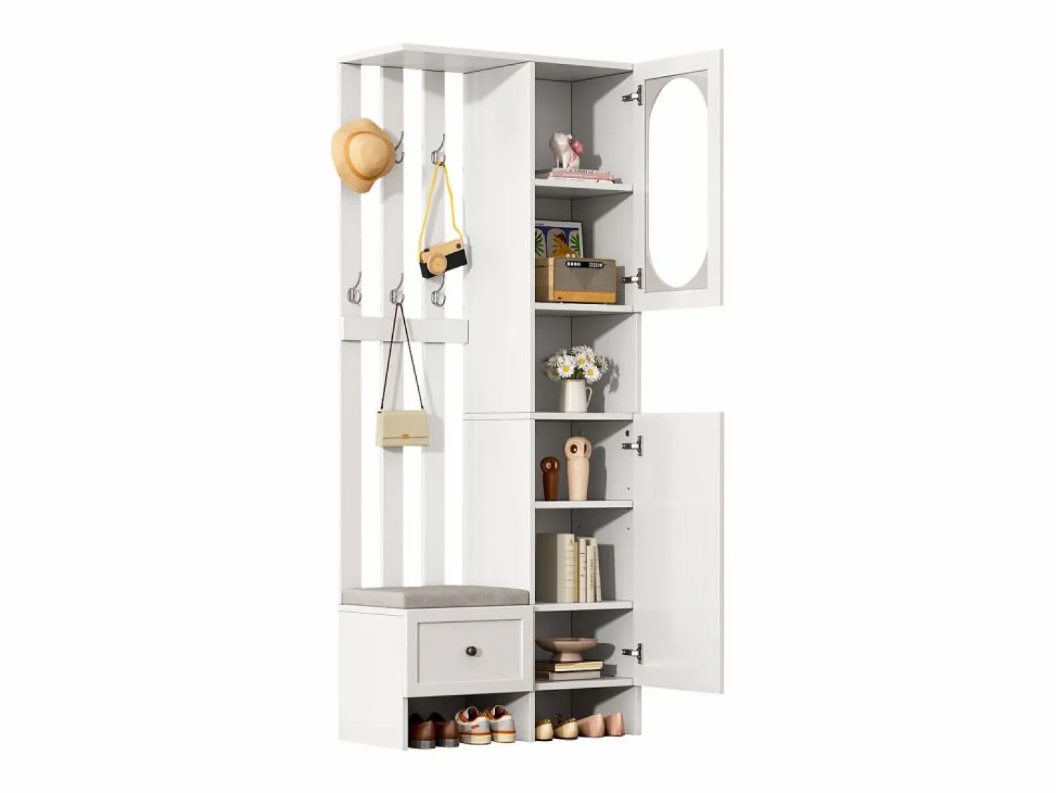 New ModernLuxe Conjunto de vestidor de entrada 85×33,5×200 cm - 2 puertas y 1 cajón - con banco para zapatos y cojín - 6 ganchos - Blanco
