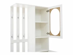 New ModernLuxe Conjunto de vestidor de entrada 85×33,5×200 cm - 2 puertas y 1 cajón - con banco para zapatos y cojín - 6 ganchos - Blanco