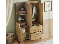 New ModernLuxe Conjunto de vestidor de entrada 110x38x186 cm - 3 puertas y 2 cajones - armario con barra - Panel acolchado - Natural Color natural claro