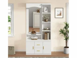 Clearance Conjunto de vestidor de entrada 90x40x180cm - con mueble para zapatos y espejo - 2 cajones y 2 puertas - con estantes - Armario De Entrada