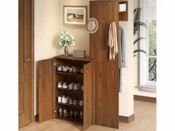 ModernLuxe Conjunto de vestidor de entrada moderno - Zapatero + Perchero - Con barra y ganchos - MDF - Color nogal​ (Requiere taladro)