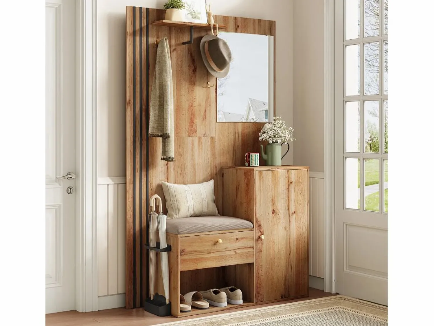 Hot Conjunto de vestidor de entrada 115x37x185 cm - con espejo y ganchos - con asiento acolchado - Paraguero - Natural Armario De Entrada