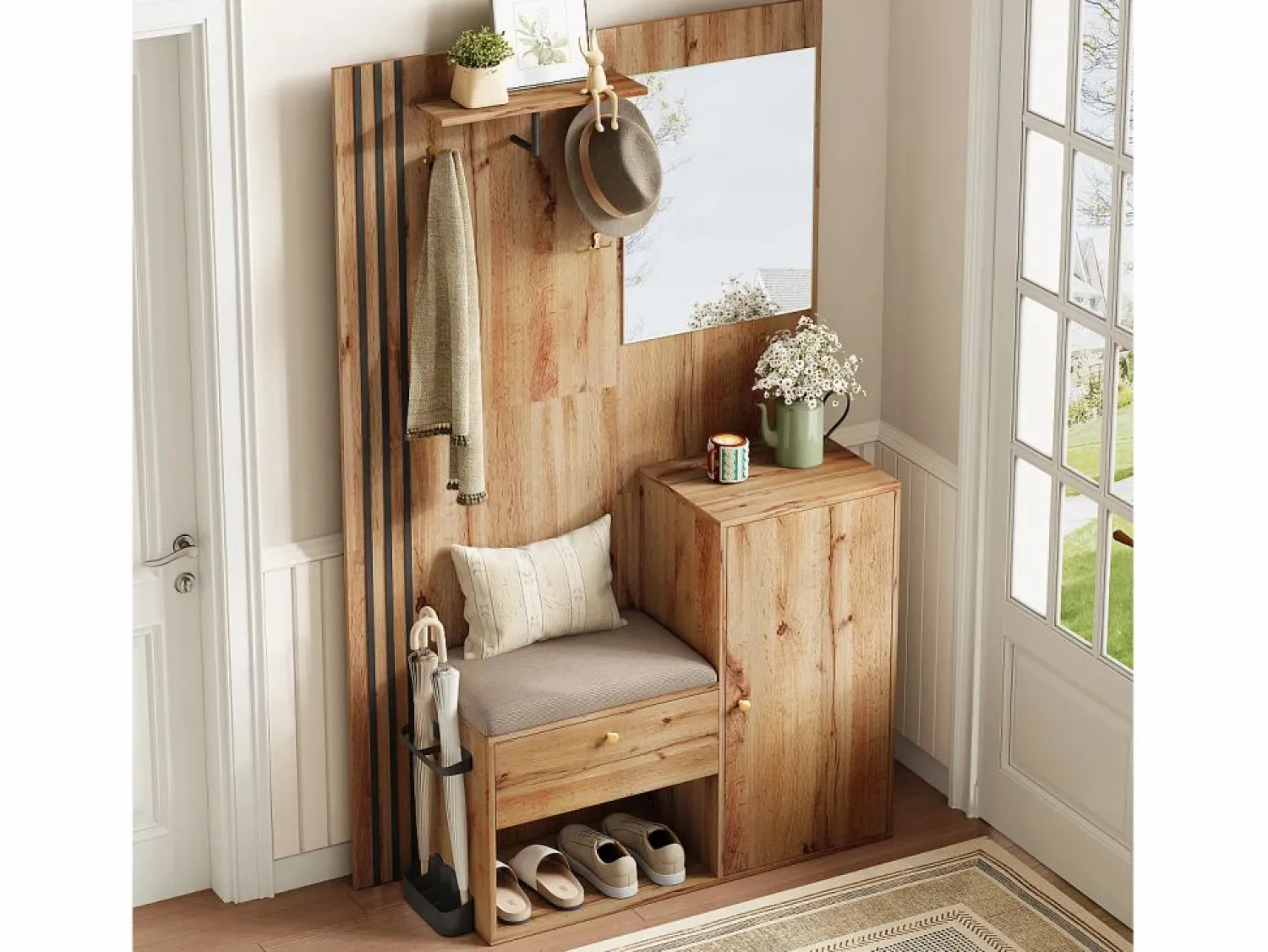 Hot Conjunto de vestidor de entrada 115x37x185 cm - con espejo y ganchos - con asiento acolchado - Paraguero - Natural Armario De Entrada
