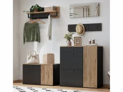 ModernLuxe Conjunto de vestidor de entrada - 2 muebles para zapatos - barra para ropa y 4 ganchos - Espejo - Natural + Negro