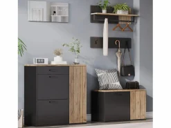 ModernLuxe Conjunto de vestidor de entrada - 2 muebles para zapatos - barra para ropa y 4 ganchos - Espejo - Natural + Negro