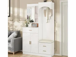 Outlet Conjunto de vestidor de entrada 110x33x185,5 cm - 3 puertas y 1 cajón - Mueble para zapatos y banco para calzado - con espejo - Armario De Entrada