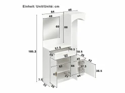 Outlet Conjunto de vestidor de entrada 110x33x185,5 cm - 3 puertas y 1 cajón - Mueble para zapatos y banco para calzado - con espejo - Armario De Entrada