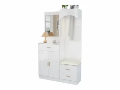 Outlet Conjunto de vestidor de entrada 110x33x185,5 cm - 3 puertas y 1 cajón - Mueble para zapatos y banco para calzado - con espejo - Armario De Entrada