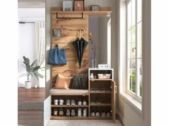 Outlet Conjunto de Vestuario Moderno con Perchero, Banco para Zapatos y Espejo - Blanco y Natural Armario De Entrada