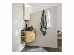 Outlet Conjunto mueble bajo lavabo de esquina + lavabo + grifo + armario de baño de esquina SORRENTO Color natural claro