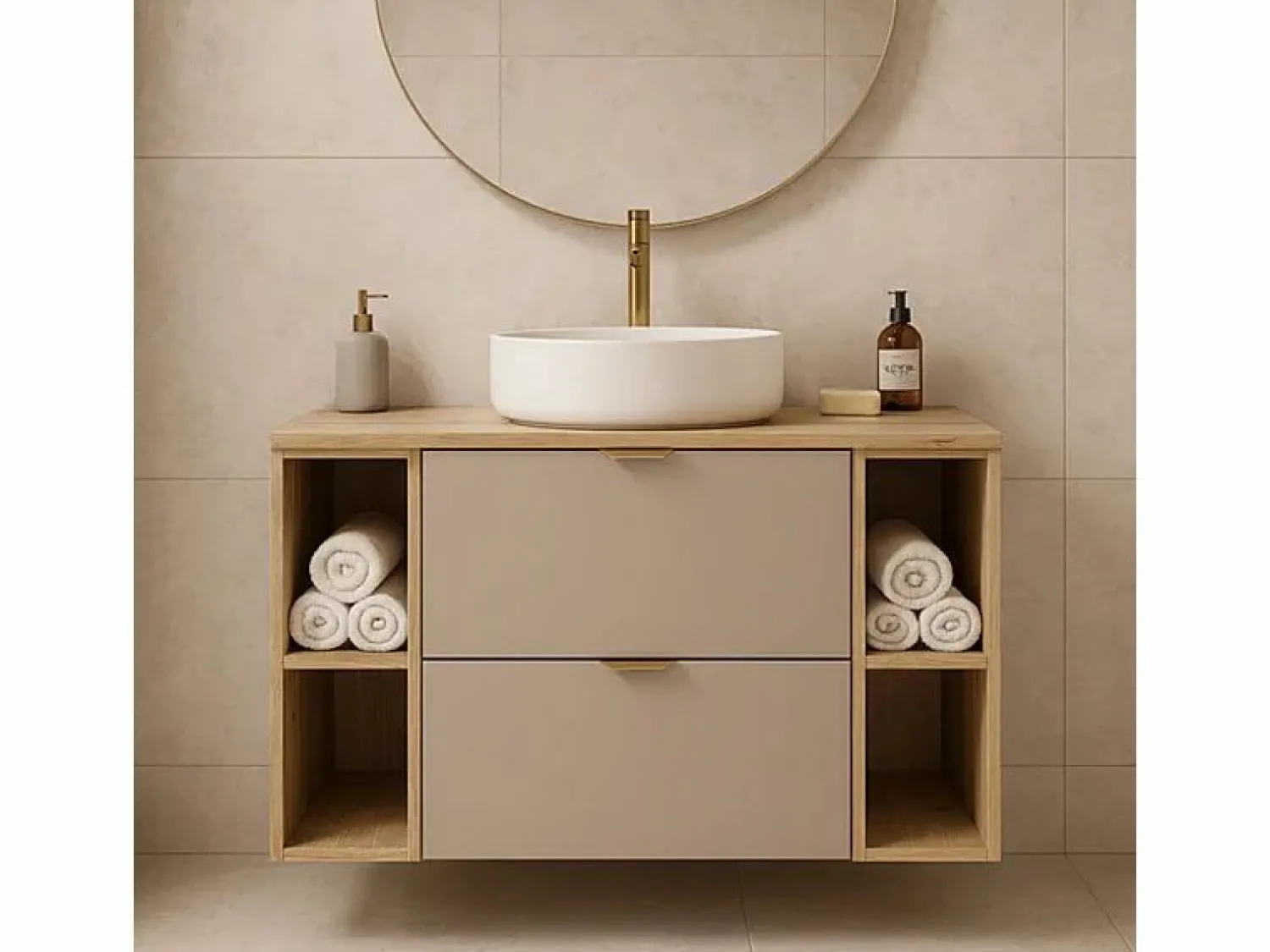 Conjunto para baño 100 cm Armario con encimera y estanterías Roble Artisan / Cachemira Orio Beige