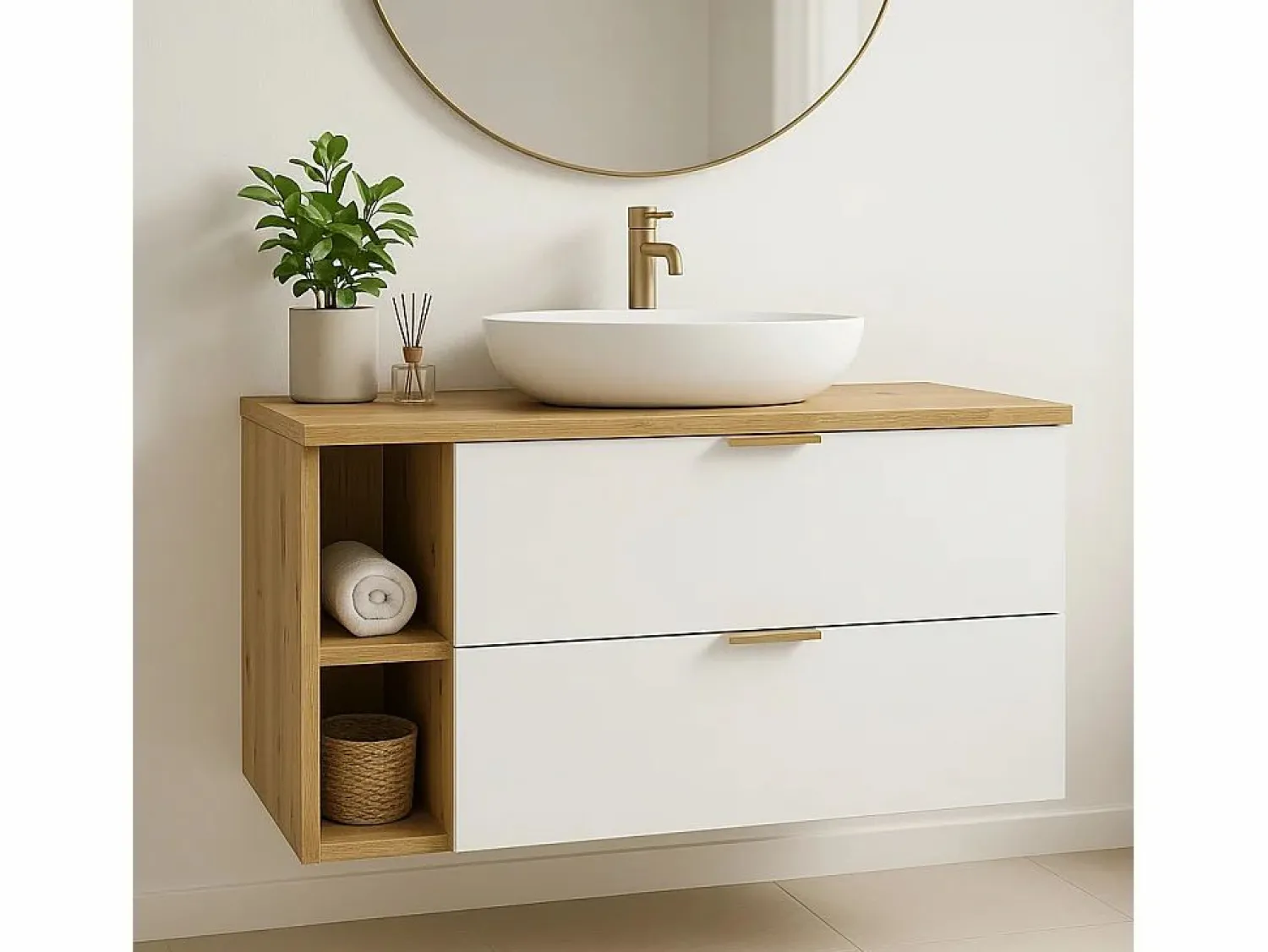 Clearance Conjunto para baño 100 cm Armario con encimera y estantería Roble Artisan / Orio Mueble De Lavabo